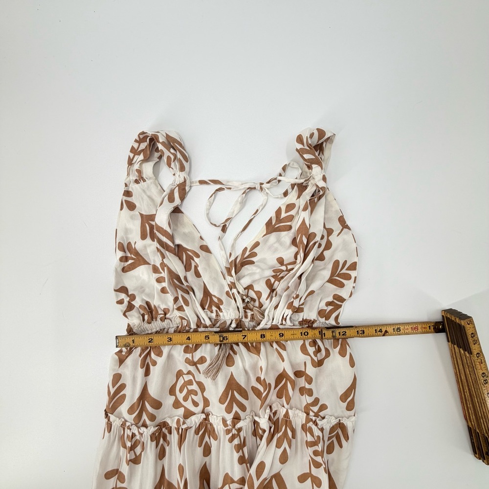 Salty Lemon Boho Tiered Midi‎ Dress V-Neck Tassel Tie Back M Flowy Tan Cream - Picture 5 of 6